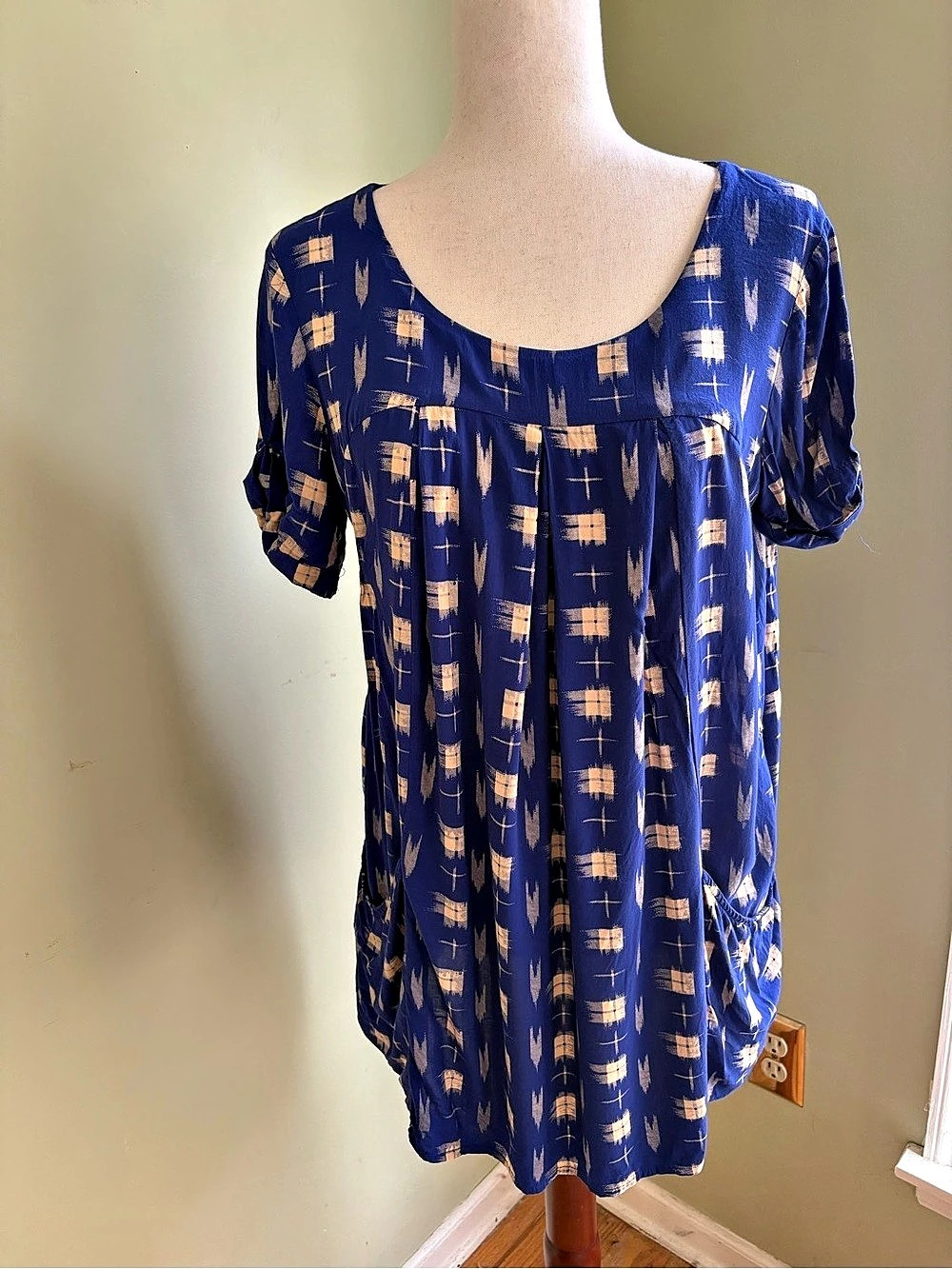 Anthropologie Holding Horses Geometric Ikat Tunic Colbalt Blue/Cream. Size XS